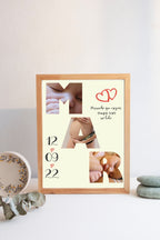 Cuadro personalizado de nacimiento con collage de fotos en letras del nombre del bebé y marco de madera clara.