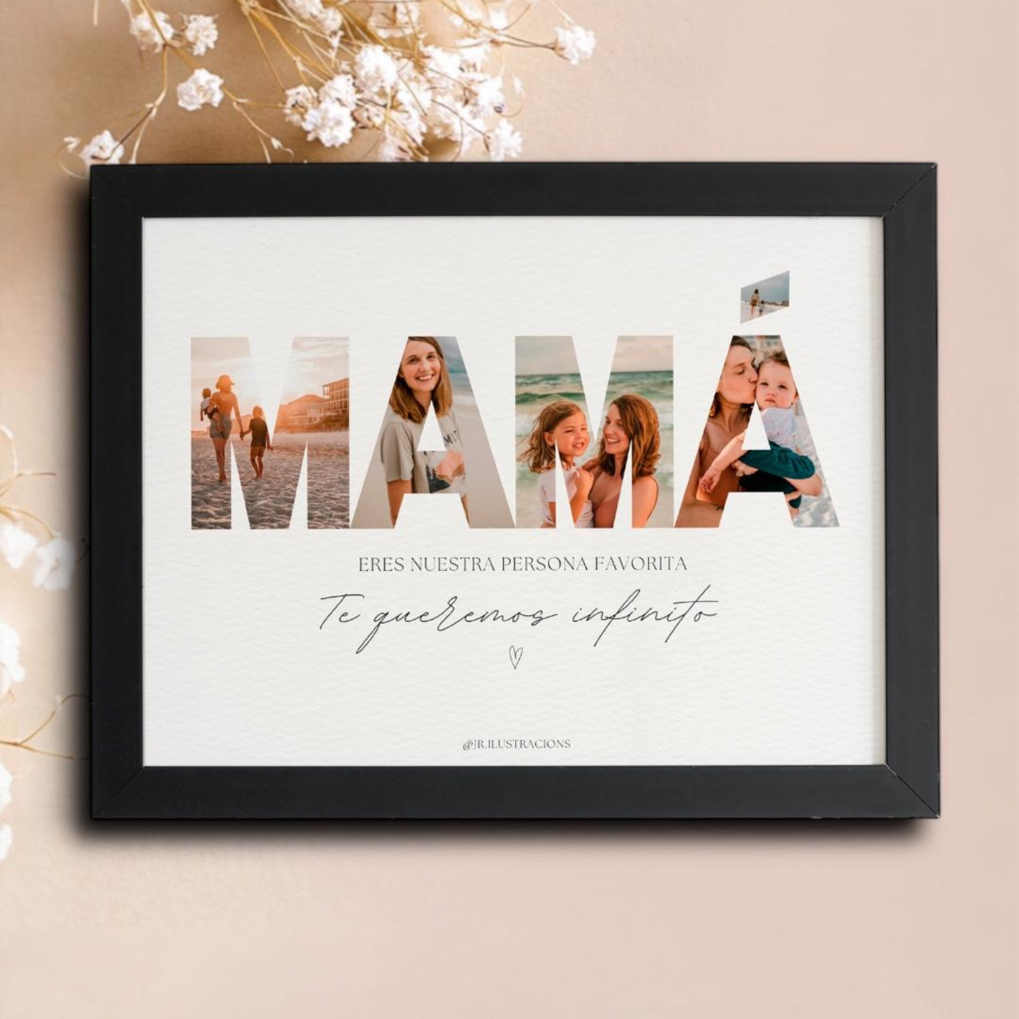 Cuadro personalizado con la palabra MAMÁ y collage de fotos familiares para regalar en el Día de la Madre.