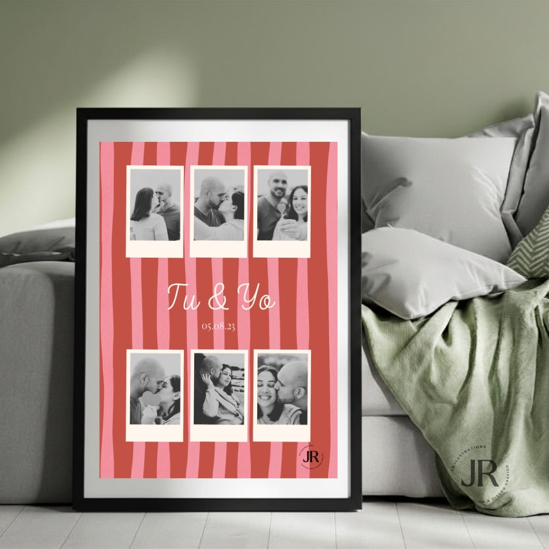Cuadro personalizado de San Valentín con fotos en blanco y negro y marco negro moderno.