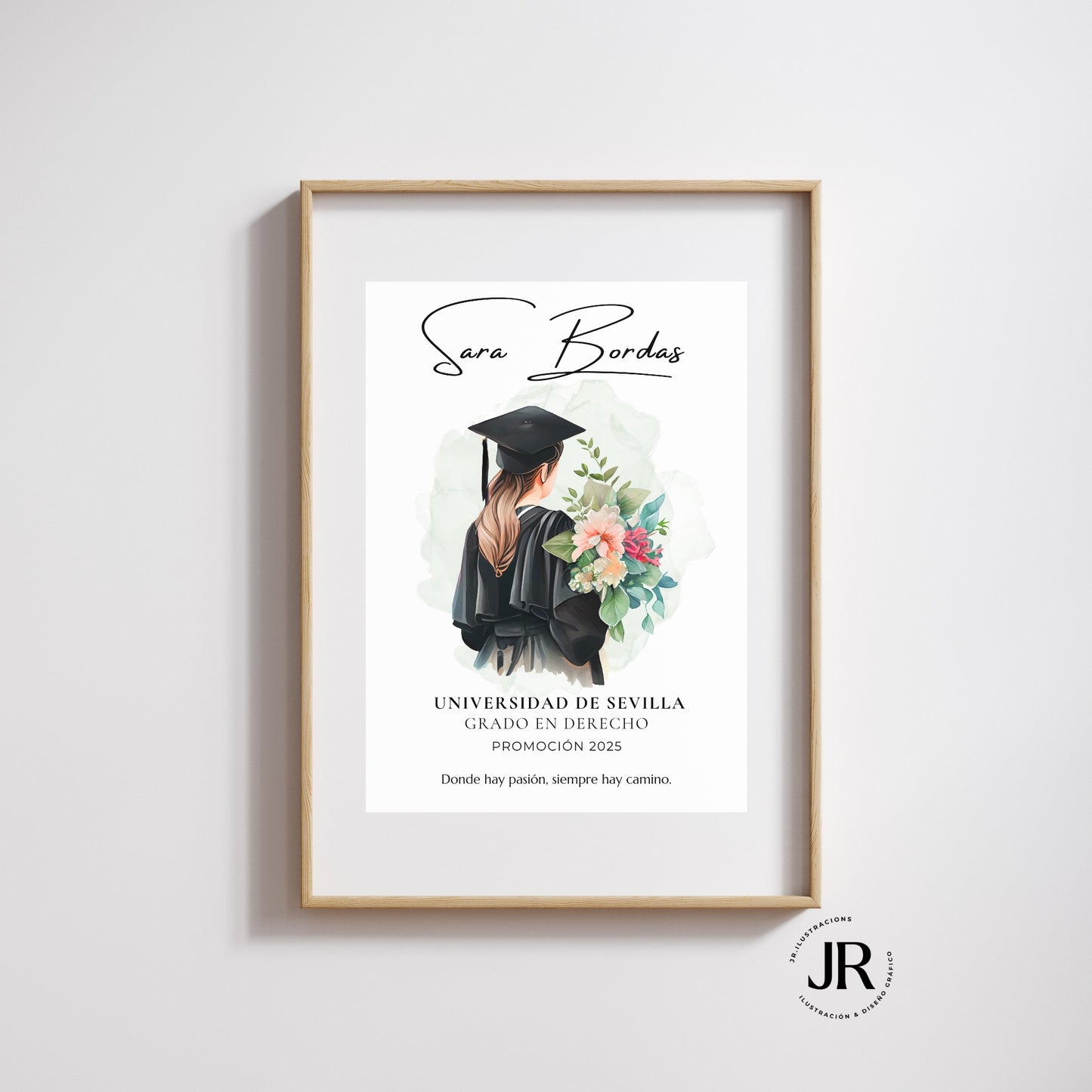Cuadro de recuerdo de promoción escolar enmarcado con paspartú de diseño moderno y minimalista.