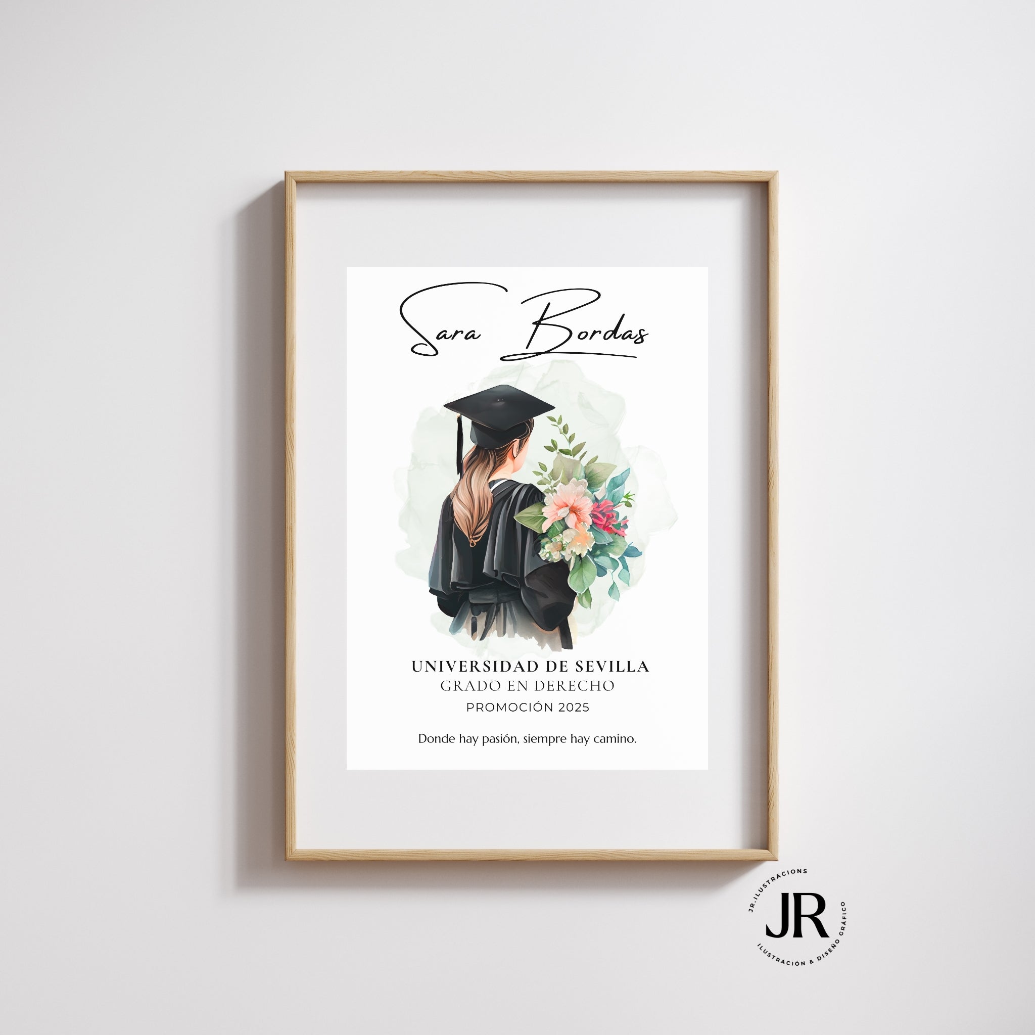 Cuadro de recuerdo de promoción escolar enmarcado con paspartú de diseño moderno y minimalista.