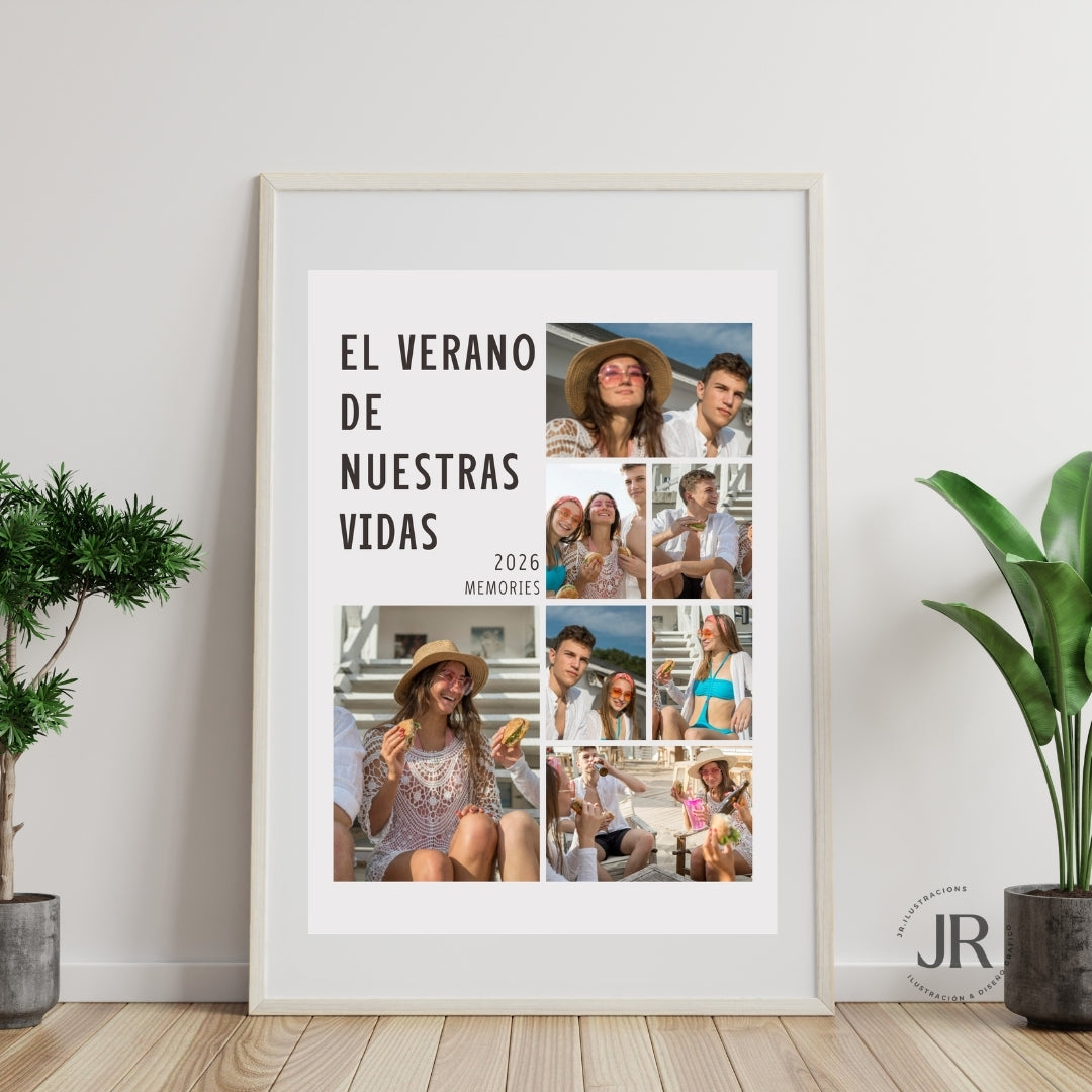 Cuadro de recuerdos de vacaciones con diseño de fotos tipo Polaroid para decoración de salón moderno.