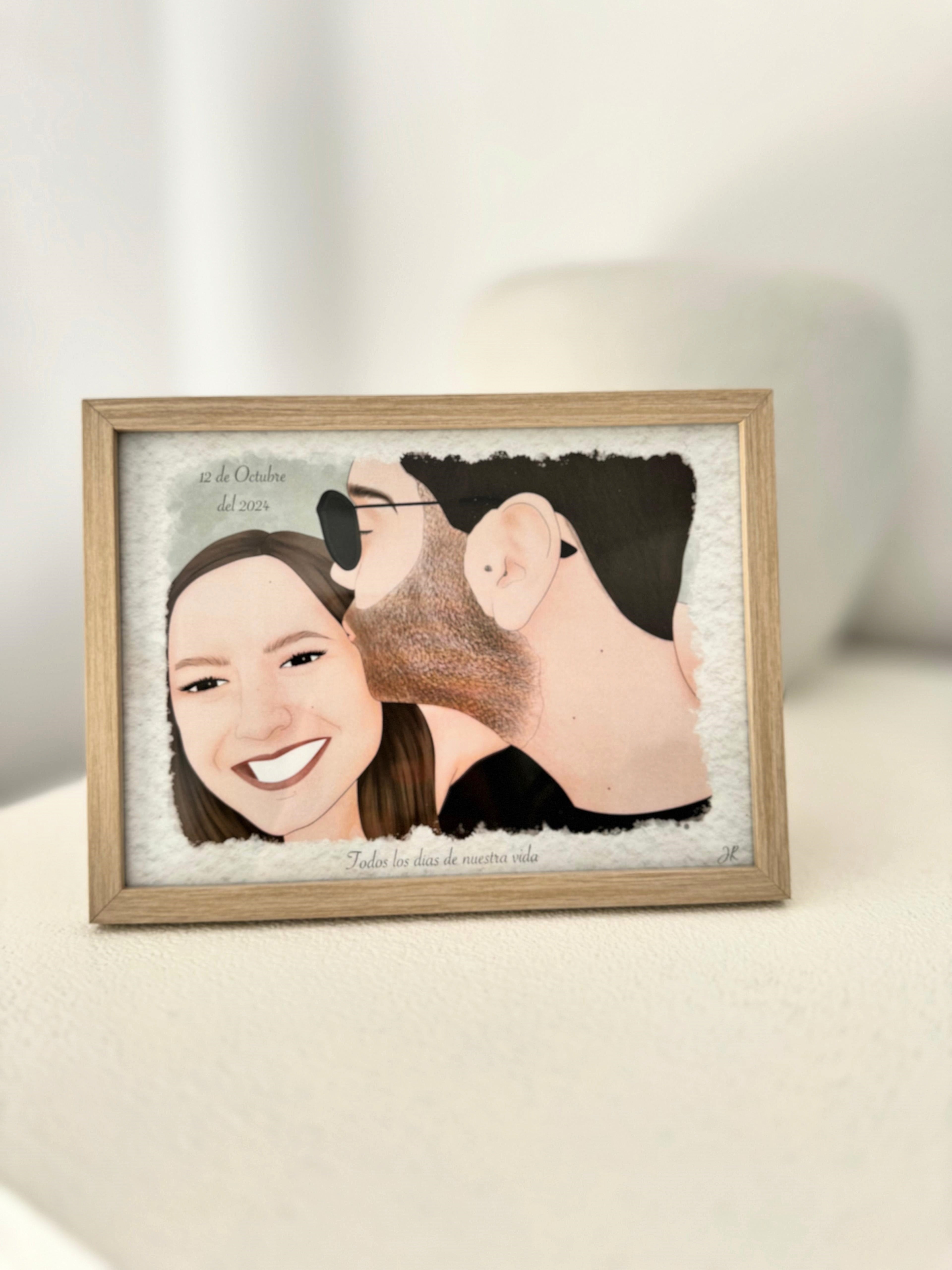 Cuadro de regalo personalizado de cumpleaños con ilustración realista a partir de foto de pareja.
