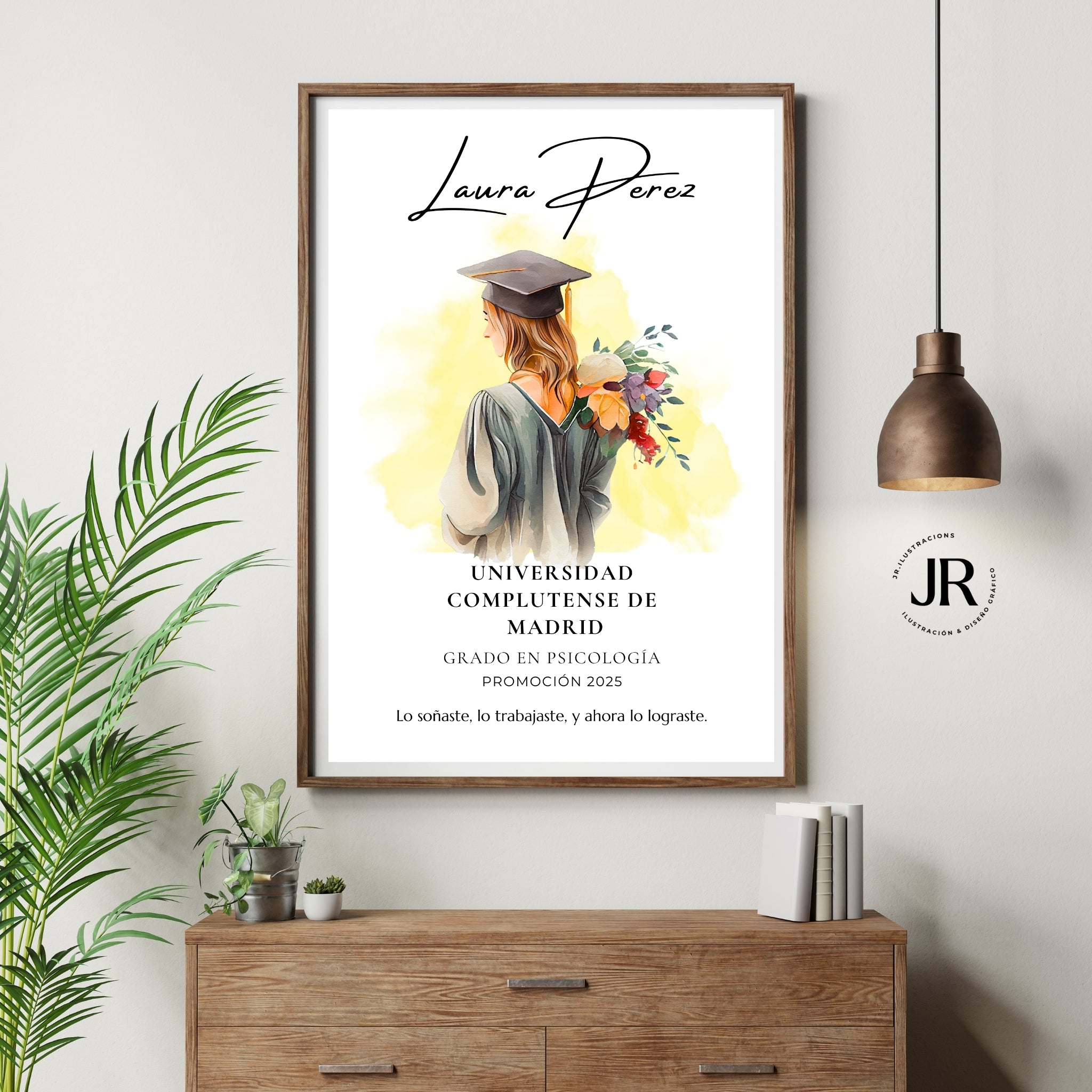 Cuadro de regalo de graduación personalizado con ilustración de estudiante y marco de madera clara.