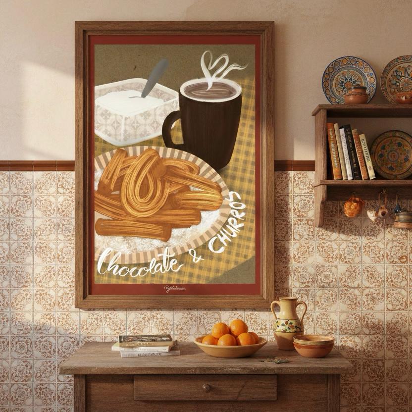 Cuadro rústico de cocina Chocolate y Churros con marco de madera oscura en un ambiente tradicional texturizado.
