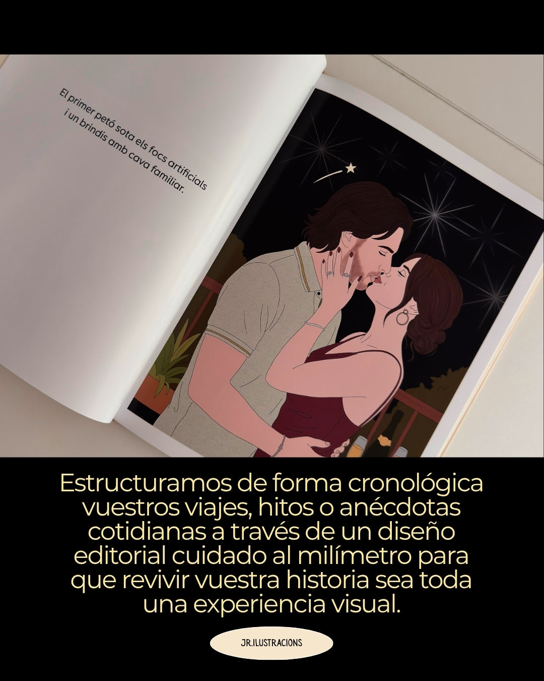 Muestra de la apertura plana de 180° de un cuento ilustrado personalizado de JR Ilustracions, diseñado para que las ilustraciones se disfruten al completo.