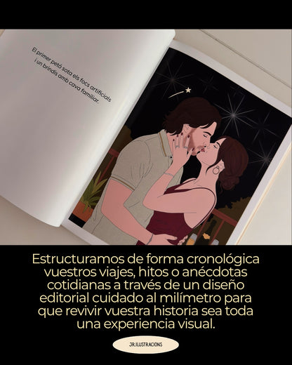 Muestra de la apertura plana de 180° de un cuento ilustrado personalizado de JR Ilustracions, diseñado para que las ilustraciones se disfruten al completo.