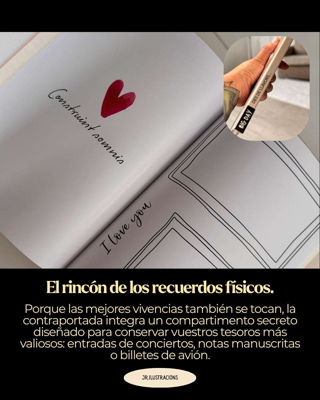 Cuento ilustrado personalizado con compartimento secreto integrado en la contraportada para guardar entradas, billetes u otros recuerdos de la boda.