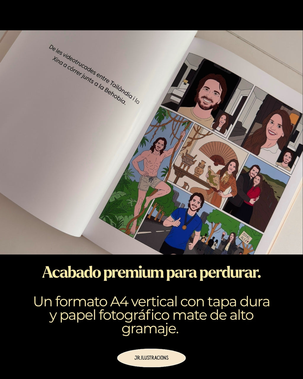 Interior de cuento ilustrado personalizado con diseño narrativo profesional y fotos de los novios sobre fondo oscuro.