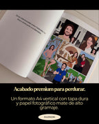 Interior de cuento ilustrado personalizado con diseño narrativo profesional y fotos de los novios sobre fondo oscuro.