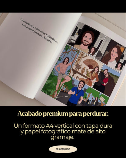 Interior de cuento ilustrado personalizado con diseño narrativo profesional y fotos de los novios sobre fondo oscuro.