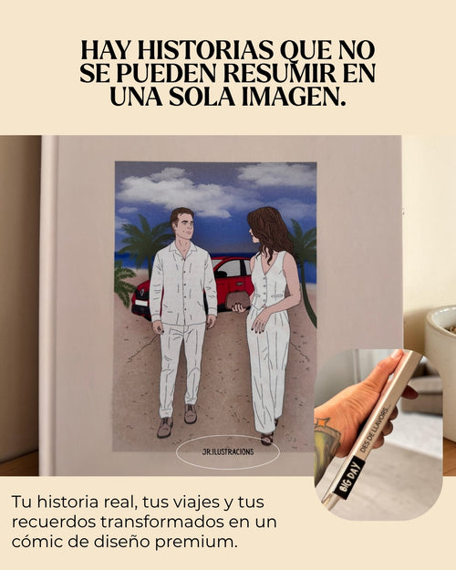 Detalle de la ilustración estilo cómic en un cuento personalizado para parejas, mostrando la transformación de fotos reales en dibujos artísticos.
