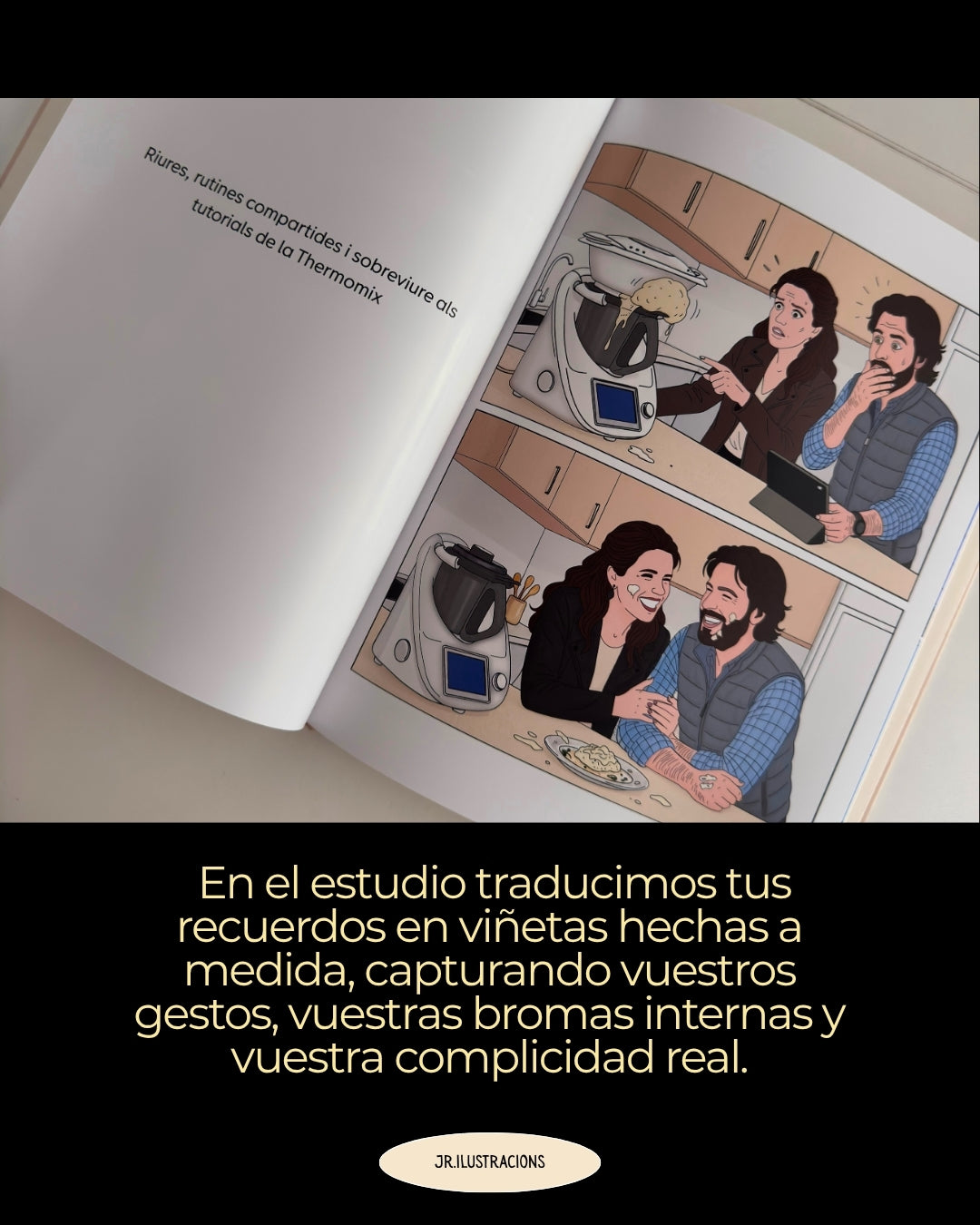 Interior de cuento ilustrado personalizado con tapa dura panorámica 180°, textos narrativos y fotos circulares de la pareja.
