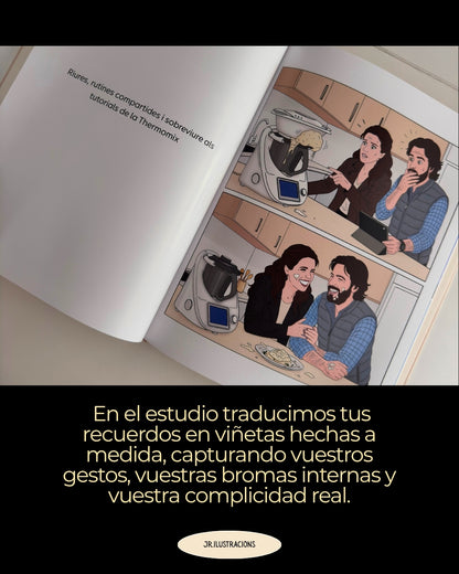 Interior de cuento ilustrado personalizado con tapa dura panorámica 180°, textos narrativos y fotos circulares de la pareja.
