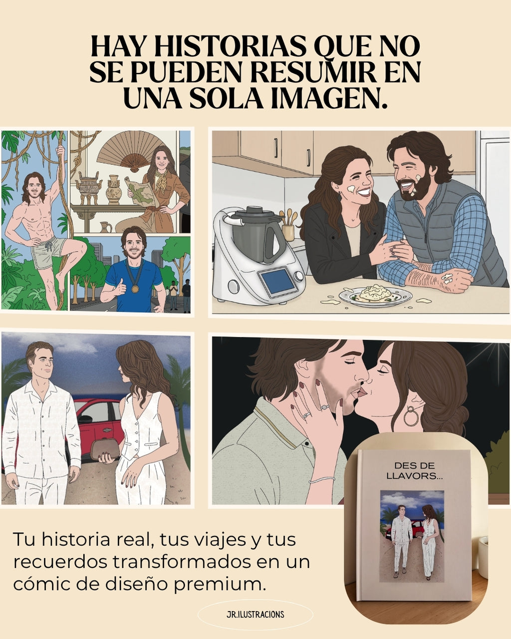 Ejemplo de maquetación temática de 26 páginas de un cuento ilustrado personalizado con fotos y textos de la historia de amor de la pareja.