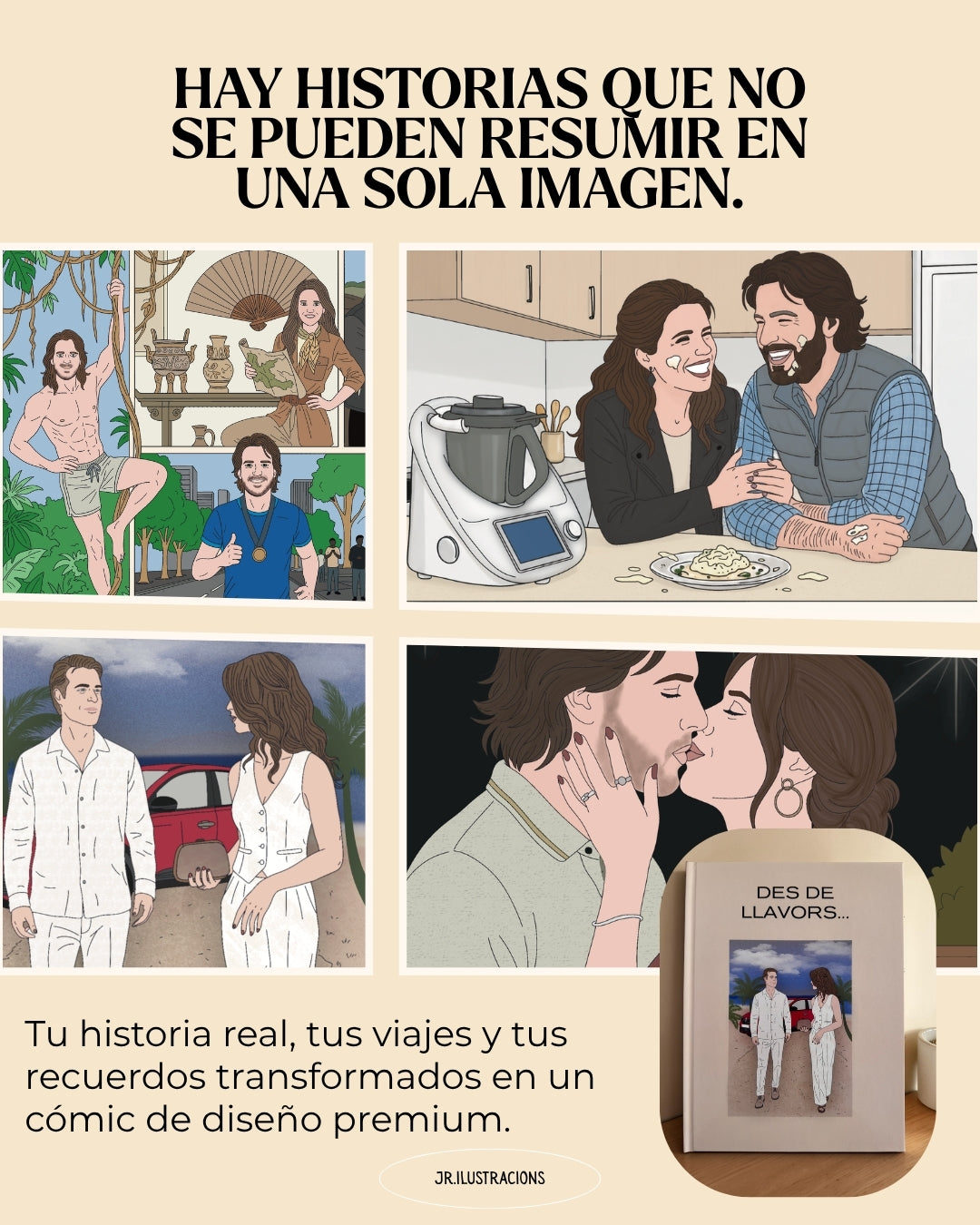 Ejemplo de maquetación temática de 26 páginas de un cuento ilustrado personalizado con fotos y textos de la historia de amor de la pareja.