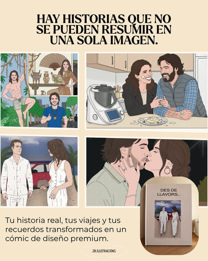 Ejemplo de maquetación temática de 26 páginas de un cuento ilustrado personalizado con fotos y textos de la historia de amor de la pareja.