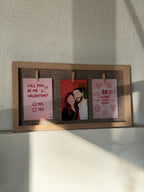 Ideas de decoración para San Valentín con cuadros de pinzas personalizados con dibujos hechos a mano.
