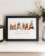 Detalle de impresión de alta calidad de fotos familiares integradas en letras decorativas.