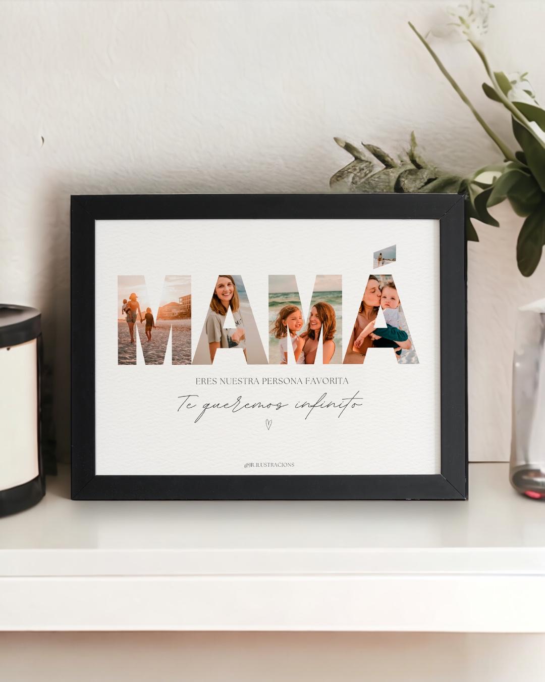 Detalle de impresión de alta calidad de fotos familiares integradas en letras decorativas.