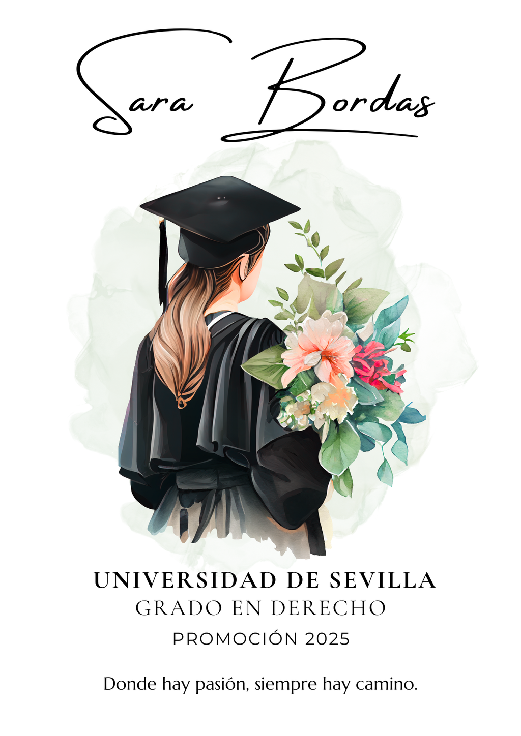 Detalle de la ilustración personalizada de toga y birrete para lámina de fin de carrera.