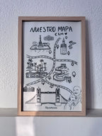 Detalle de mapa ilustrado a mano en blanco y negro con monumentos y lugares importantes para regalar.