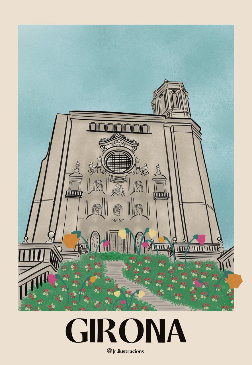 Dibujo digital de la Catedral de Girona para imprimir en lámina o cuadro de recuerdo de viaje.
