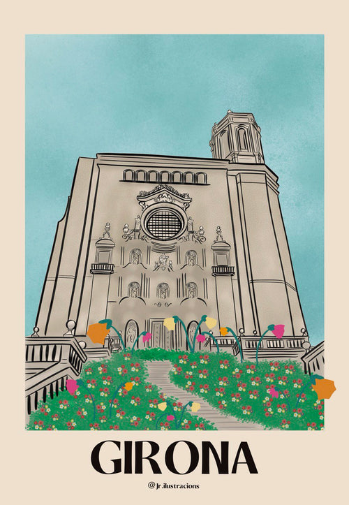 Dibujo digital de la Catedral de Girona para imprimir en lámina o cuadro de recuerdo de viaje.