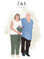 Dibujo personalizado a partir de foto familiar para imprimir en formato mini recuerdo de boda.
