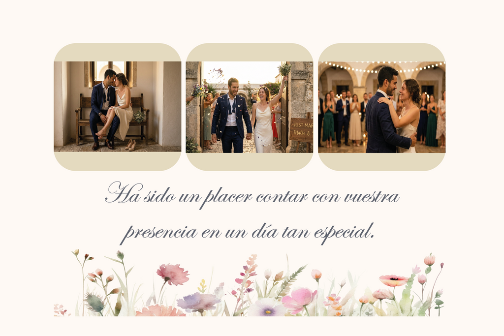 Maquetación profesional de tarjeta de boda con tira de fotos de los novios e ilustración floral exclusiva.