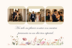 Maquetación profesional de tarjeta de boda con tira de fotos de los novios e ilustración floral exclusiva.