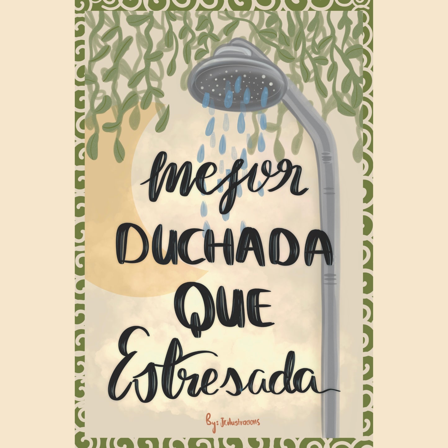 Diseño digital de lámina para baño con ilustración botánica de hojas y texto original de humor.
