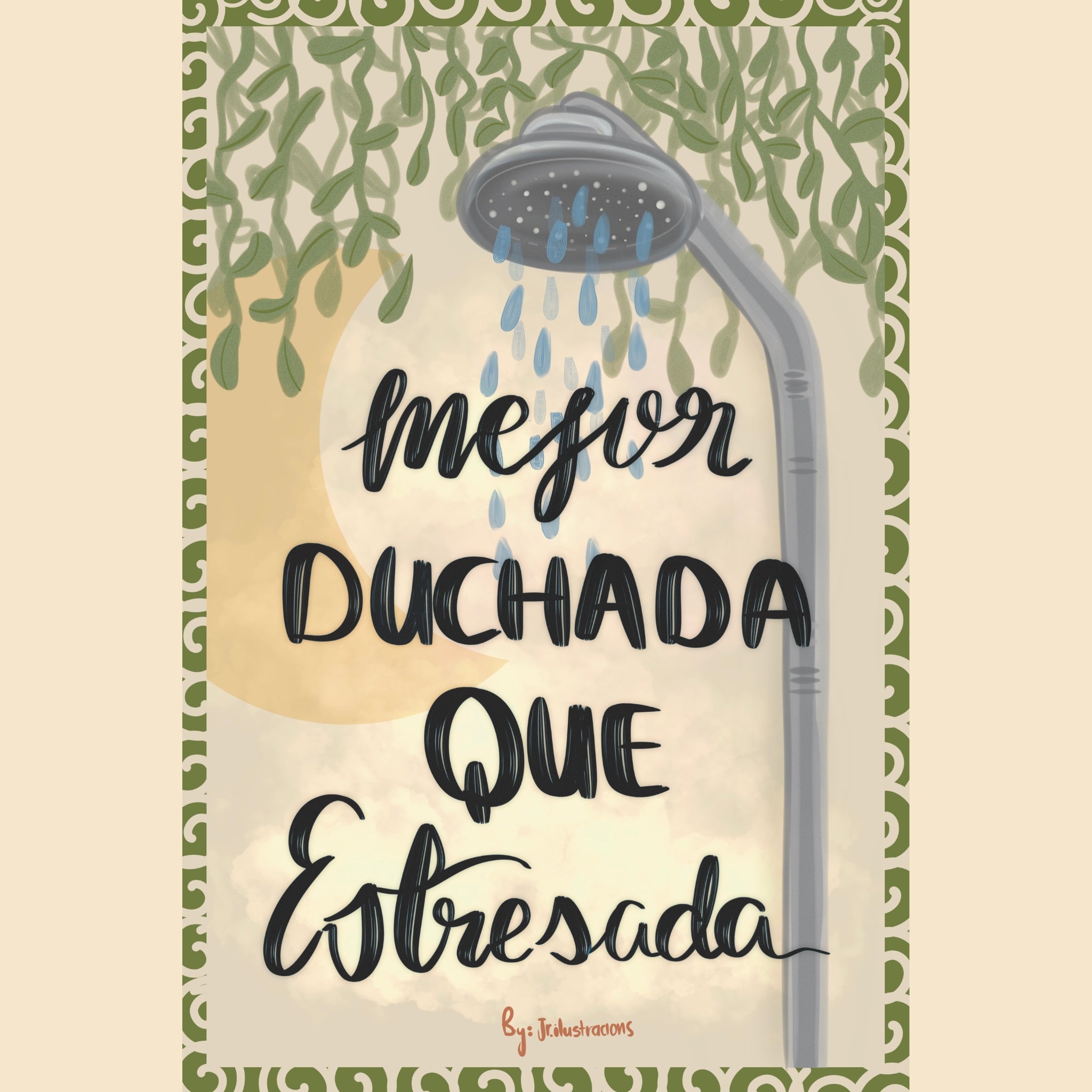 Diseño digital de lámina para baño con ilustración botánica de hojas y texto original de humor.