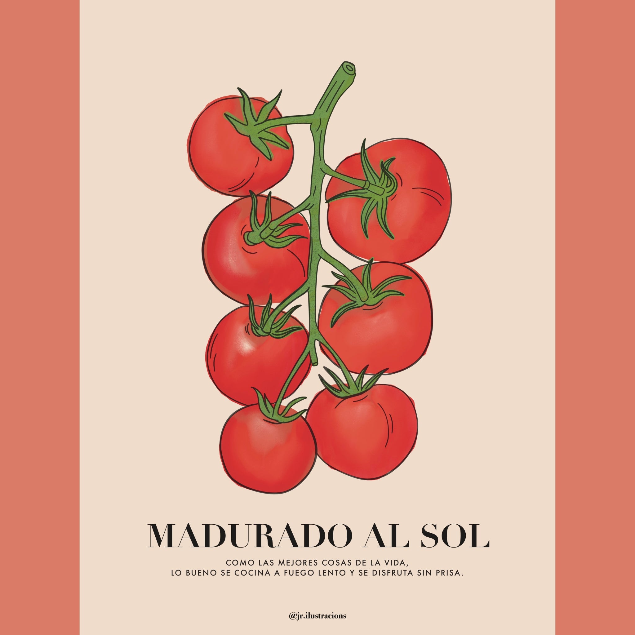 Diseño digital de lámina botánica de tomates con frase inspiradora sobre fondo beige texturizado.