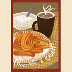 Diseño digital de lámina de cocina tradicional con ilustración de chocolate caliente y churros crujientes.