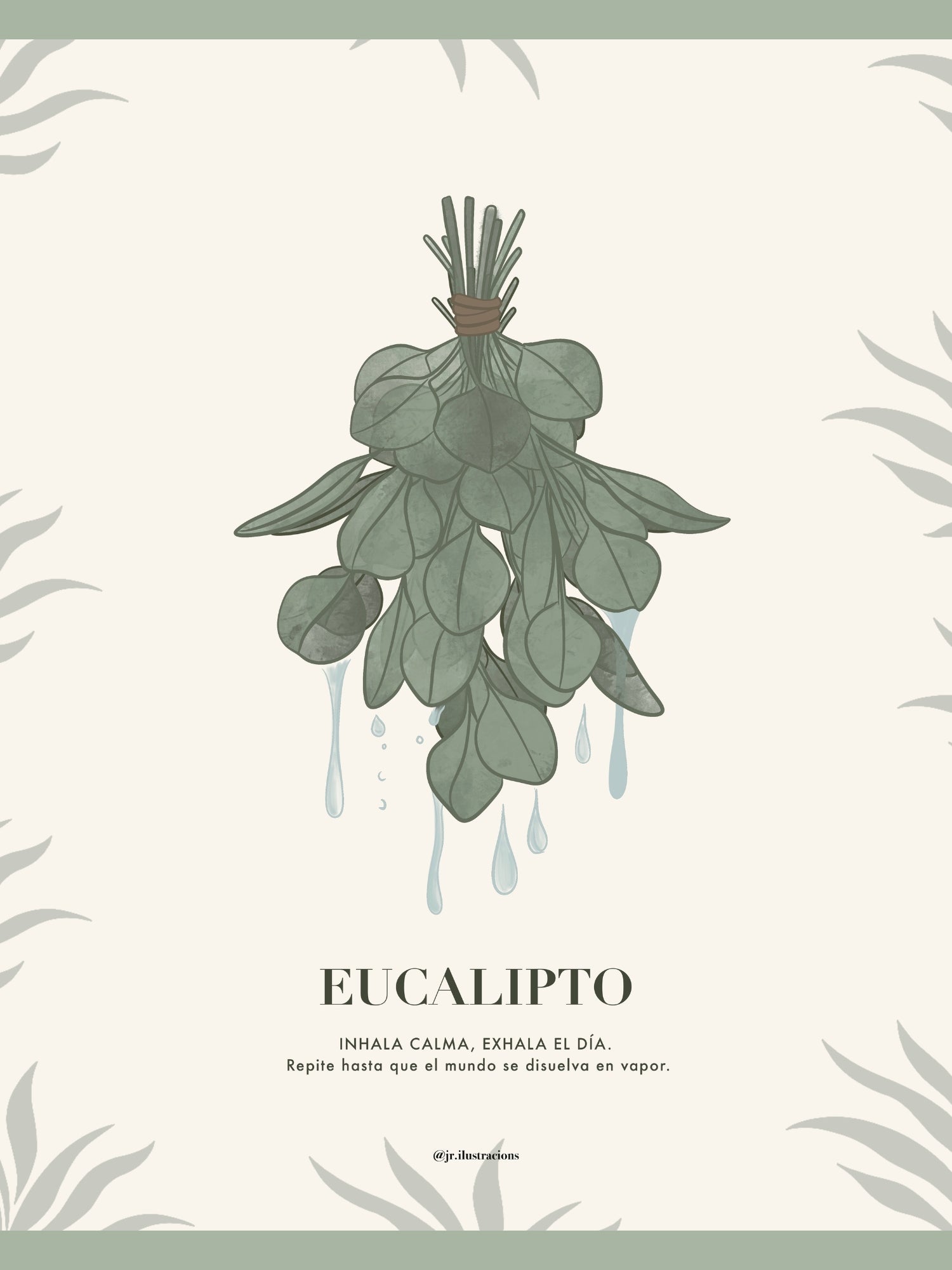 Diseño digital de lámina de eucalipto con fondo beige texturizado e ilustración botánica minimalista.