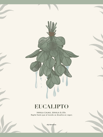 Diseño digital de lámina de eucalipto con fondo beige texturizado e ilustración botánica minimalista.