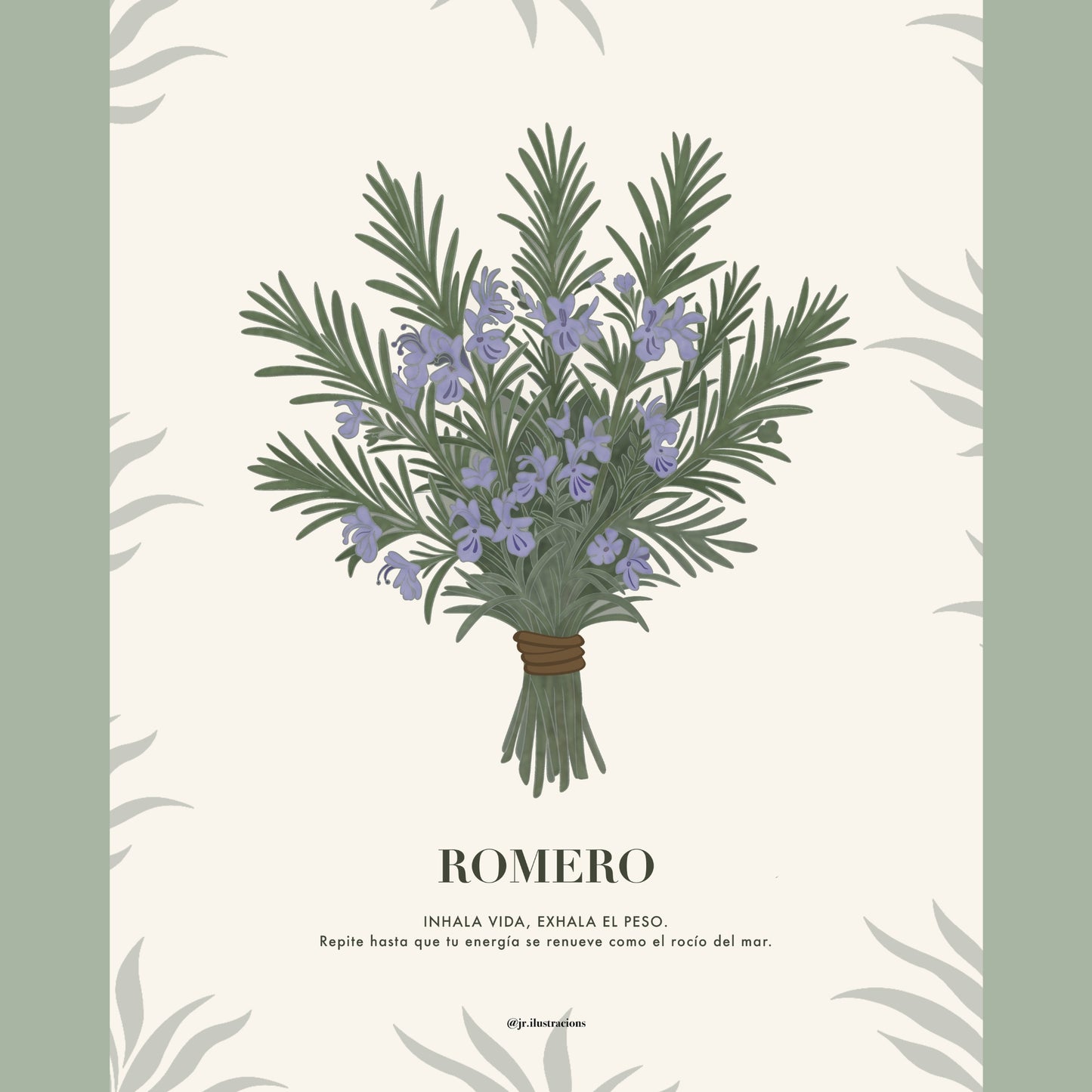 Diseño digital de lámina de romero minimalista con ilustración botánica y fondo de grano fino.