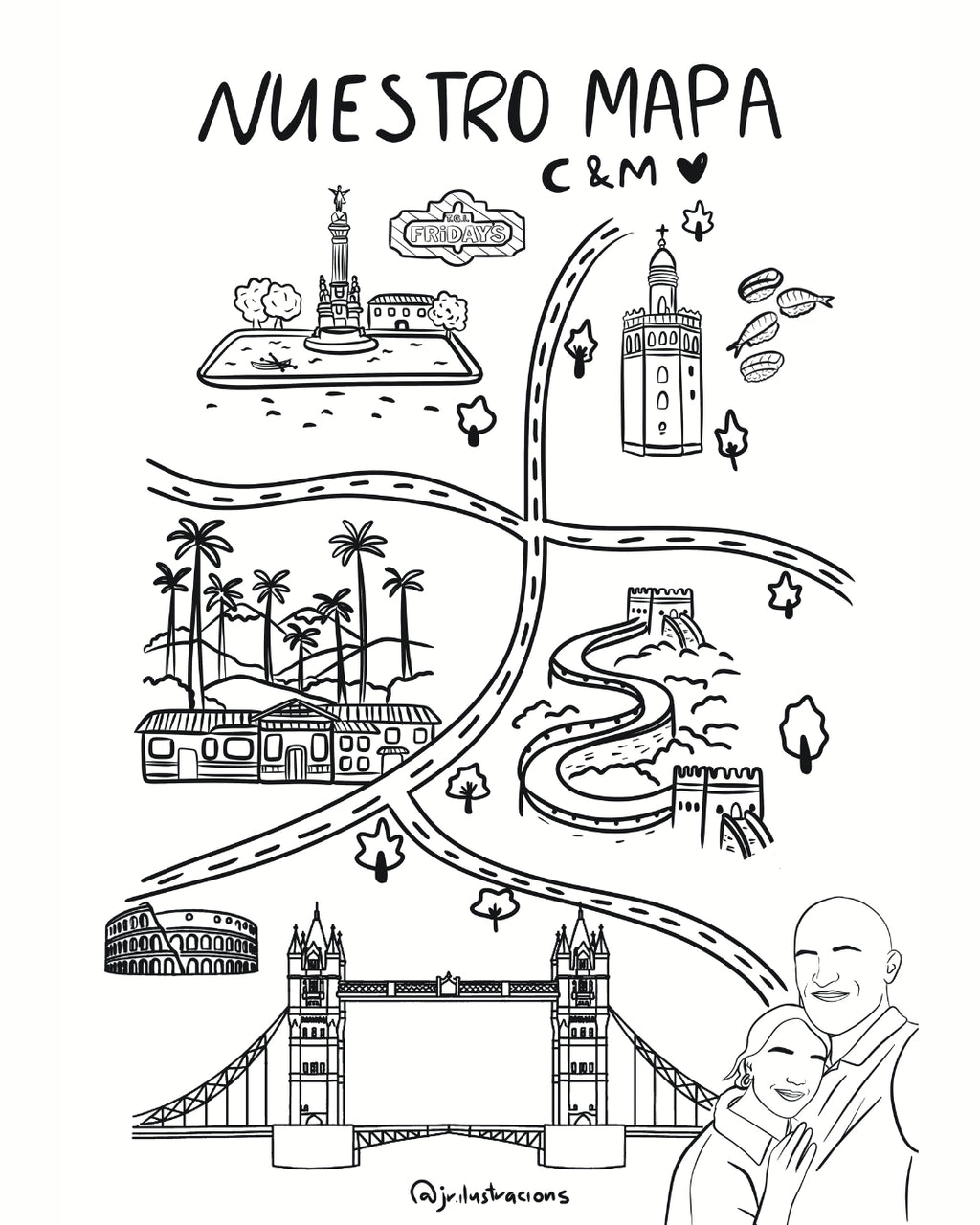 Diseño digital de mapa ilustrado personalizado con las localizaciones y momentos especiales de vuestra vida.