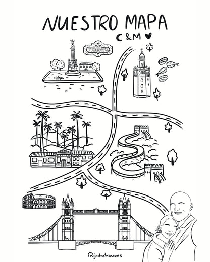 Diseño digital de mapa ilustrado personalizado con las localizaciones y momentos especiales de vuestra vida.