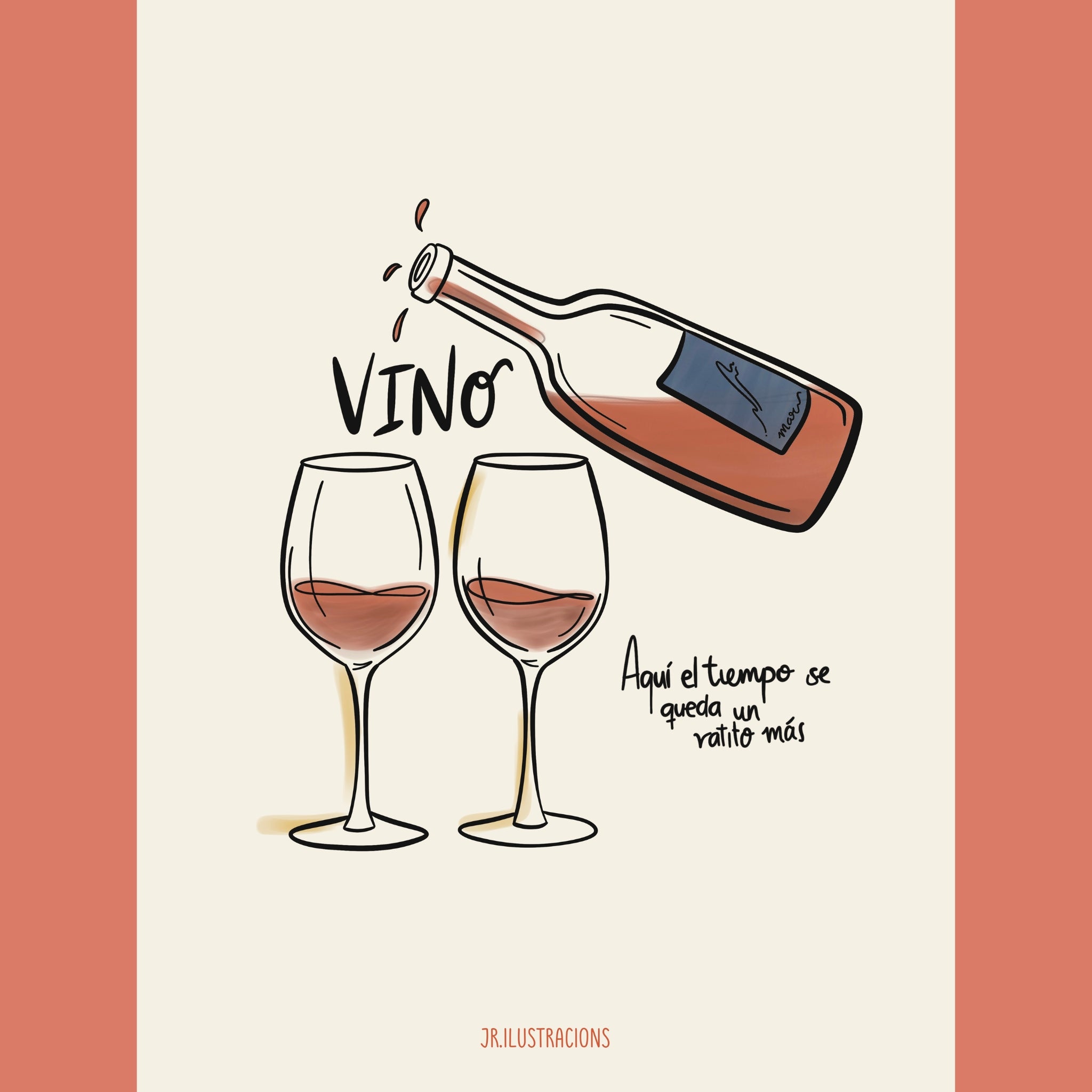 Diseño digital de póster de vino minimalista con ilustración lineal y fondo terracota texturizado.