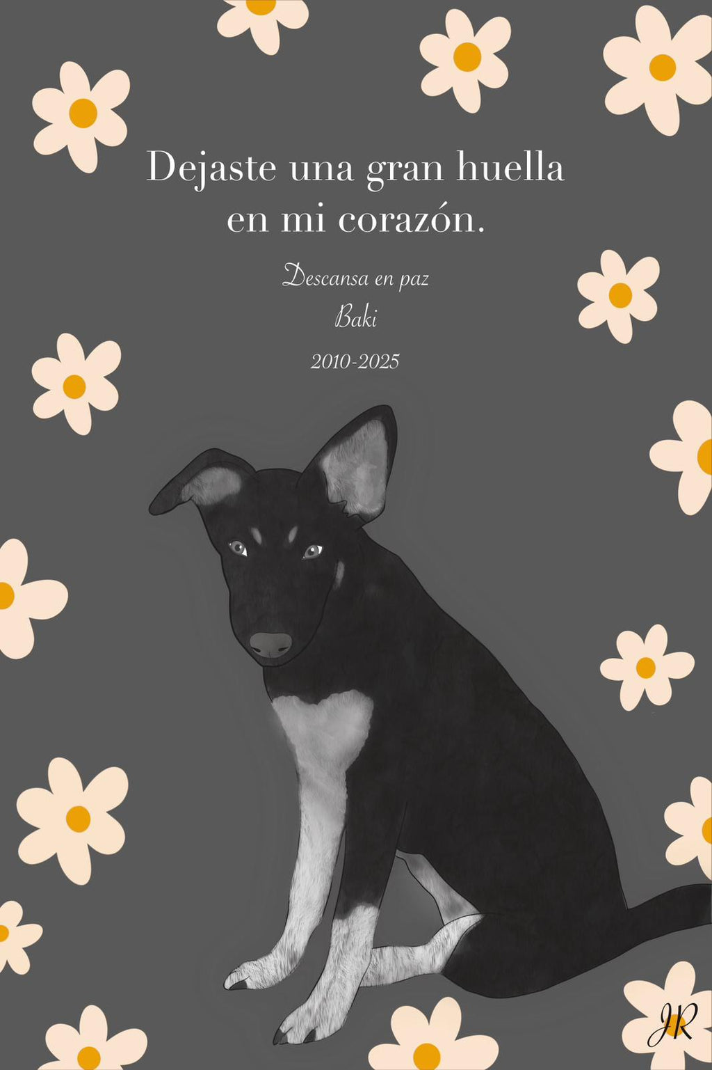 Diseño digital de retrato conmemorativo de perro negro con texto personalizado y fondo botánico de flores.