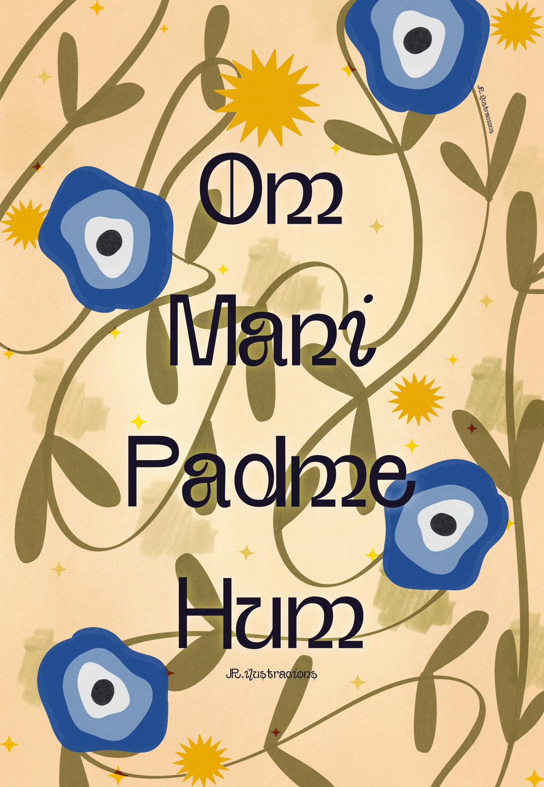 Diseño gráfico imprimible de amuleto ojo protector y mantra tibetano para regalo original consciente.