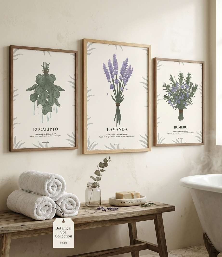 Ideas de decoración para baños nórdicos con cuadros de plantas y elementos de madera rústica.