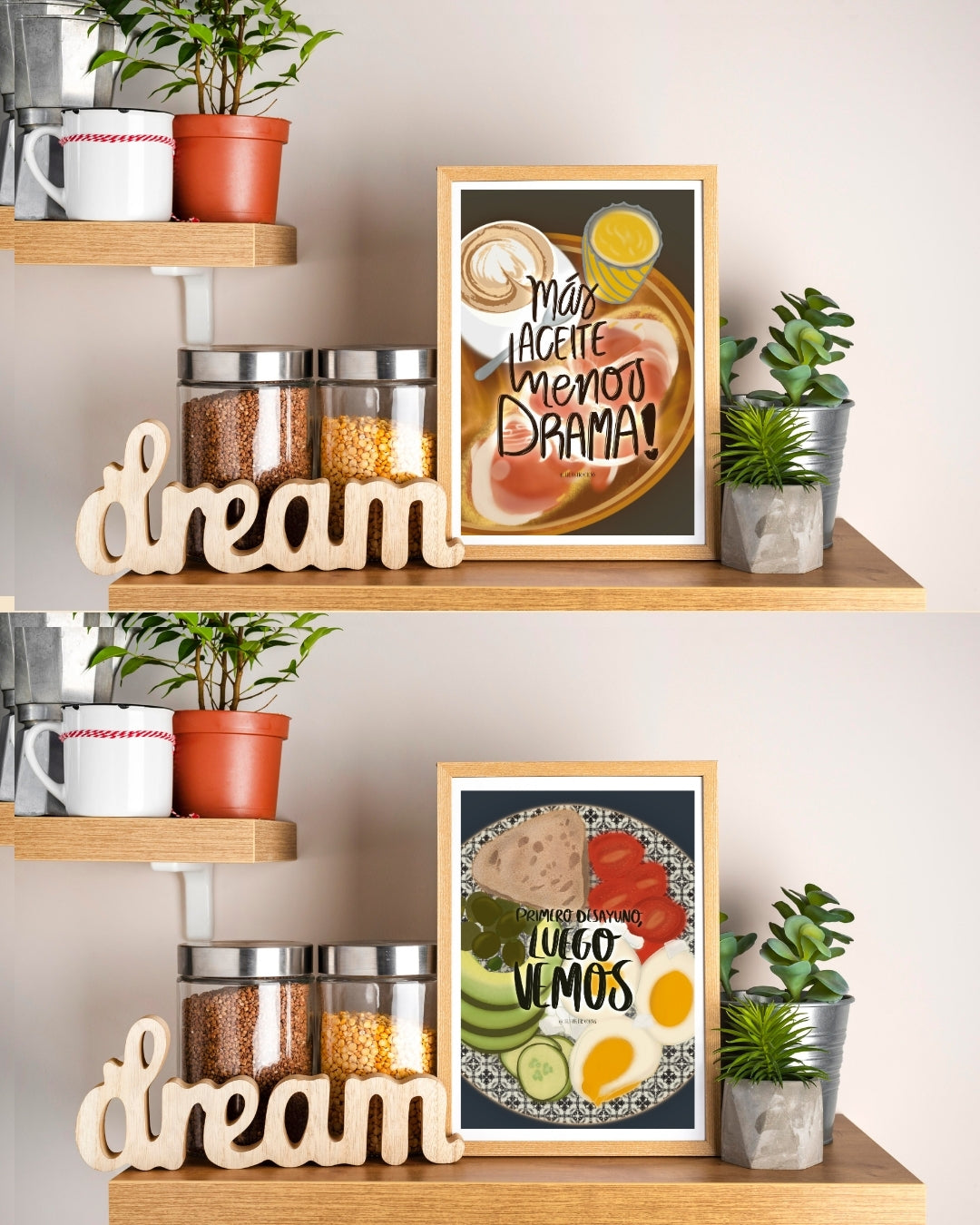 Ideas de decoración para el comedor con cuadros de comida e ilustraciones coloridas en estantes flotantes.