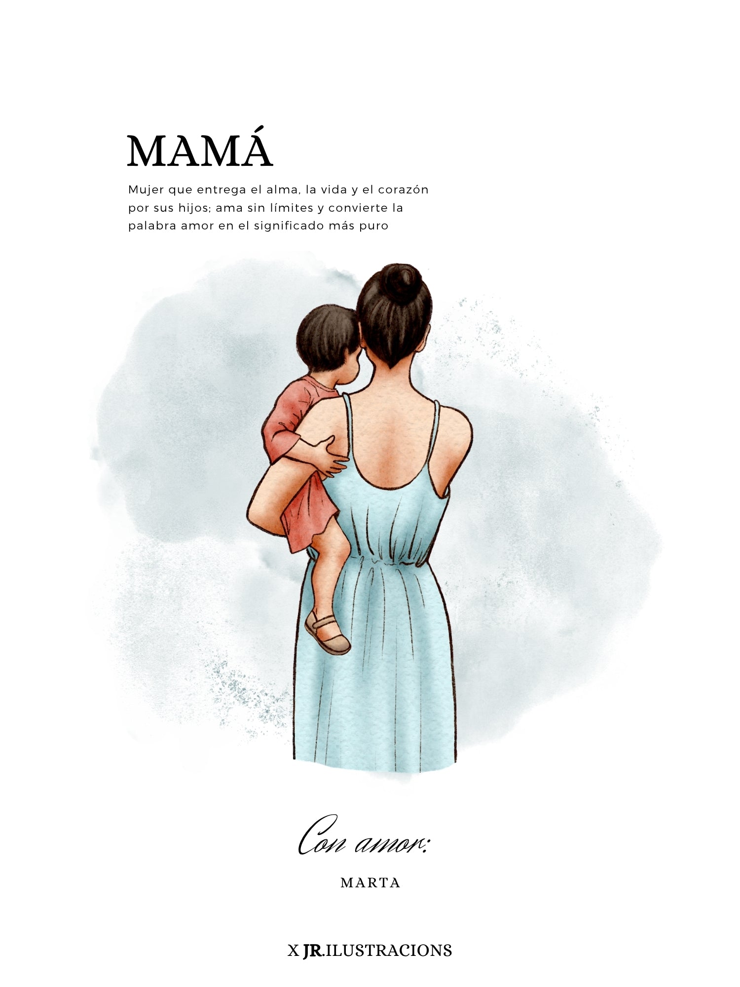 Ilustración clipart personalizada de madre con hijo pequeño y fondo de acuarela azul.