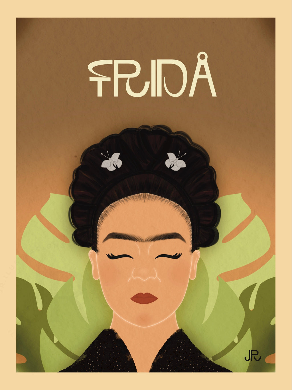 Ilustración digital de Frida Kahlo para imprimir en cuadro de arte feminista y colorido.