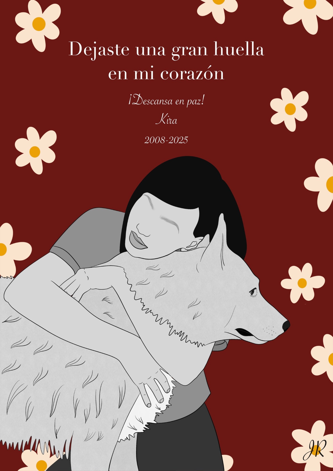Ilustración personalizada de duelo por mascota con un emotivo abrazo entre dueña y perro de JR.Ilustracions.