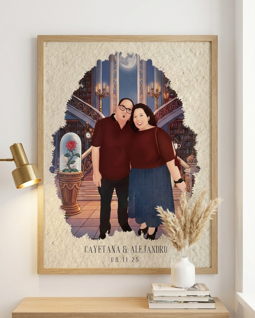 Ilustración de familia numerosa personalizada con cinco miembros enmarcada en madera natural.