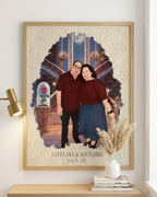 Ilustración de familia numerosa personalizada con cinco miembros enmarcada en madera natural.
